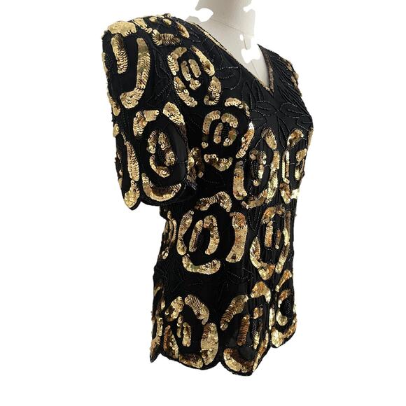 VTG. Stenay Silk Blouse Womens S Black Gold Sequin Beaded Top 90s Glam New Years - Picture 4 of 10